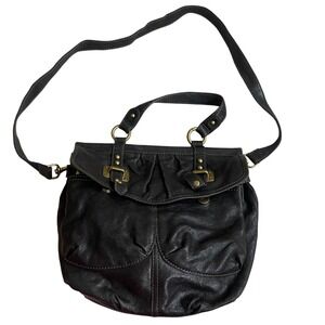 Fossil Black Leather Pleated Crossbody Bag Brass Hardware Satchel Tote EUC